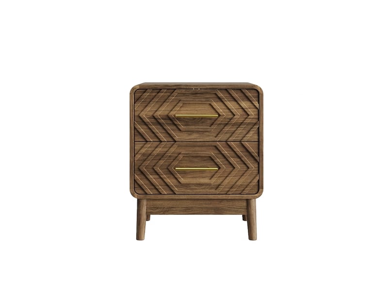  Table de chevet noyer avec 2 tiroirs et motif géométrique 3d, bords arrondis, 48x38x56 cm  - Conforama A