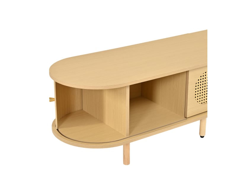  Meuble tv ovale en bois clair, design rotin - 180x40x40 cm, 2 portes battantes et 2 coulissantes, tv jusqu'à 75 pouces  - Conforama E