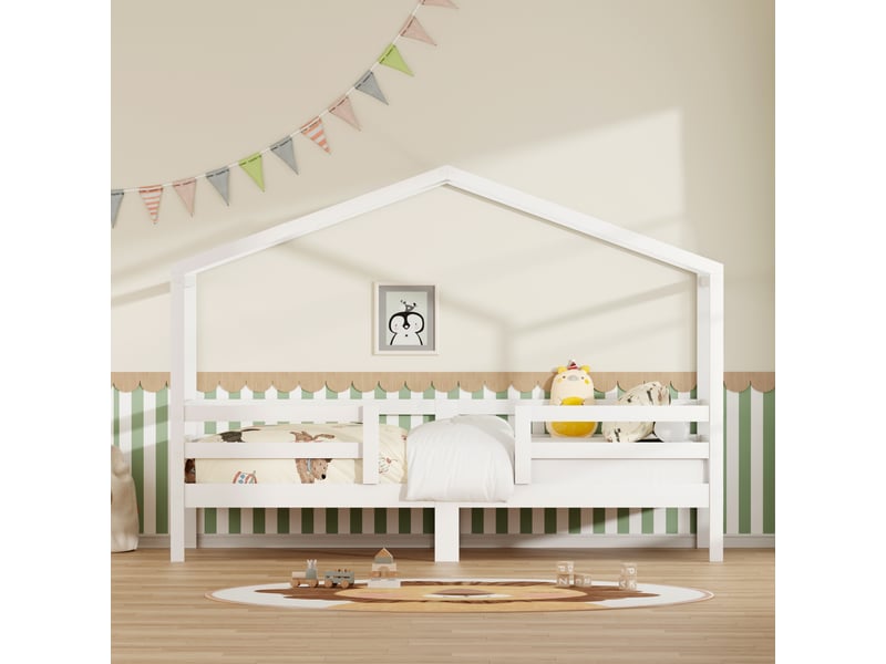  Lit cabane 90x200 cm, structure en pin massif, coloris blanc, ports usb et usb-c, garde-corps, design cabane, sommier à lattes inclus, cadre stable  - Conforama D