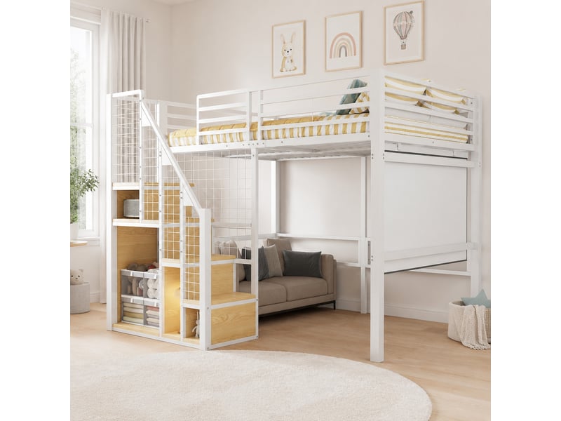 Lit mezzanine enfant 140×200 cm avec rangement, penderie et escalier - sans matelas, métal blanc - Conforama B