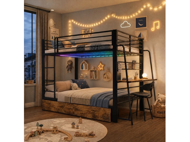  Lit superposé 140x200 cm, lit double avec bureau et 2 tiroirs métal couleur noir sans matelas  - Conforama D