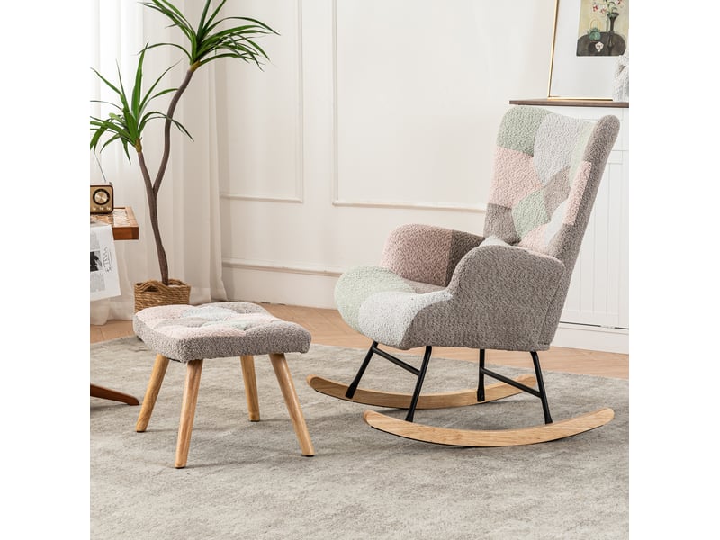  Fauteuil à bascule 93 cm multicolore en velours, avec repose-pieds et coussin lombaire amovible, structure en bois  - Conforama B