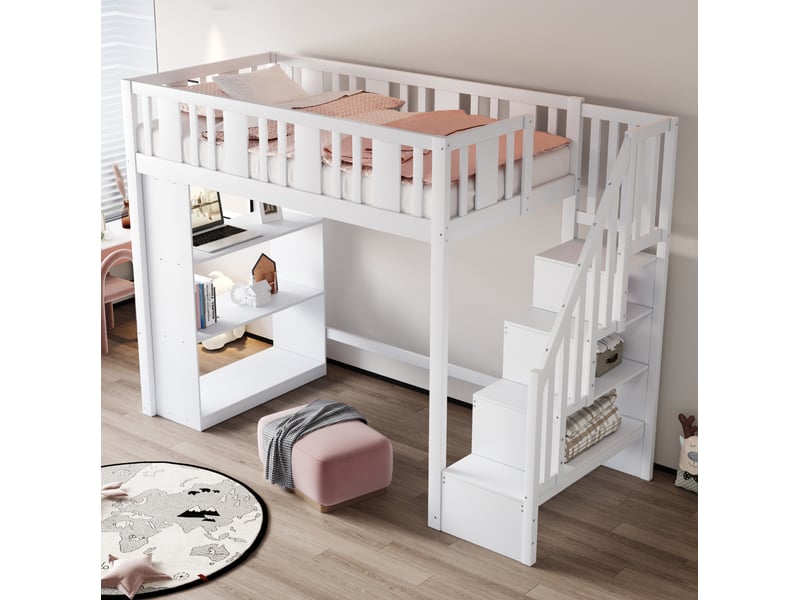 Lit mezzanine 90x200 cm, escalier de rangement, bois, 3 compartiments, coloris blanc, sans matelas - Conforama E
