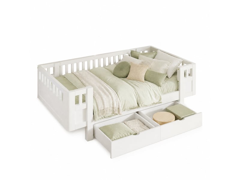  Lit enfant modenvie 90 x 200 cm avec barrière de protection et 2 tiroirs de rangement, blanc  - Conforama A