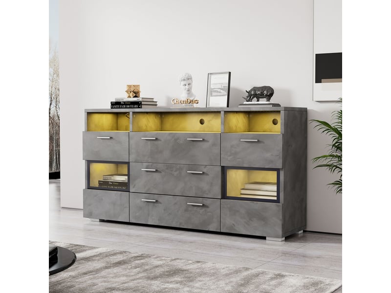 Buffet salle à manger 140 cm, rangement généreux avec led, portes acryliques transparentes, 2 portes 3 tiroirs - Conforama A