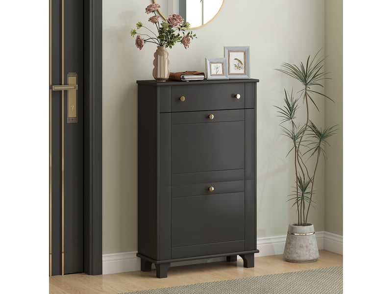  Meuble chaussure entrée étroit avec tiroirs à portes abattants et étagère réglable, 60 x 23,5 x 98,5 cm, noir  - Conforama B
