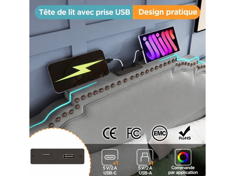  Lit double 140x200 en velours gris, 4 tiroirs, led et usb-c  - Conforama D