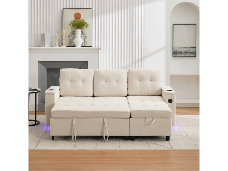  Canapé convertible 3 places d'angle avec rangement caché et éclairage led, beige  - Conforama C