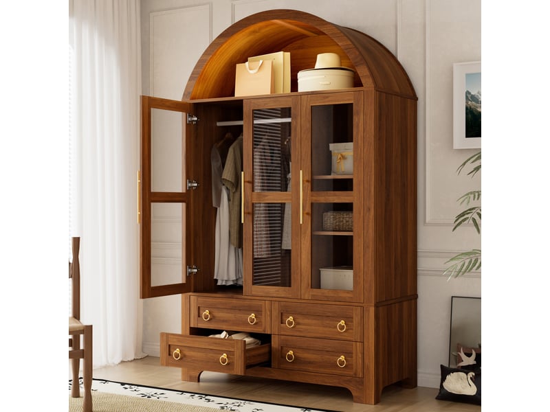 Vitrine haute 110x50x186 cm, 3 portes vitrées, penderie, 4 tiroirs, led par application, pour salon et salle à manger - noyer - Conforama B