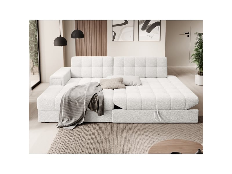 Canapé d'angle convertible cubito blanc bouclette 240 cm avec coffre et couchage - Conforama B