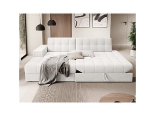 Canapé d'angle convertible cubito blanc bouclette 240 cm avec coffre et couchage