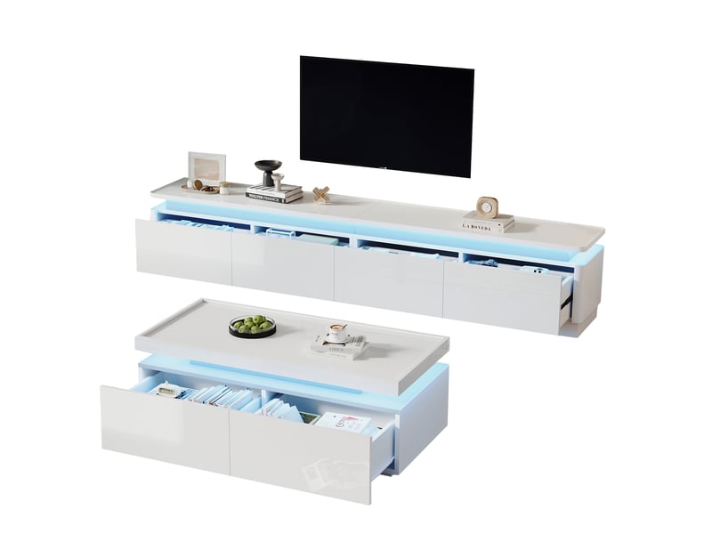 Ensemble meuble tv et table basse blanc brillant avec led et 4 tiroirs, design minimaliste moderne pour tv jusqu'à 75 pouces - Conforama E