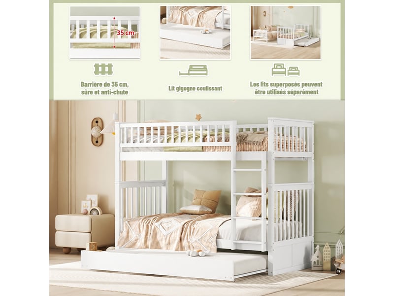  Lit superposé en bois 90x200 cm 3 en 1 convertible avec lit gigogne, barrière sécurité, échelle, sommier lattes, blanc  - Conforama B