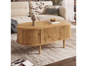 Table basse ovale avec rangement, plateau relevable, finition chêne naturel, 100 x 48 x 54,5 cm