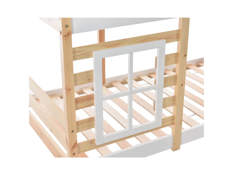  Lit superposé enfant 90x200 cm, lit cabane avec fenêtre, 3 tiroirs, sommiers, bois, blanc et naturel, sans matelas  - Conforama E