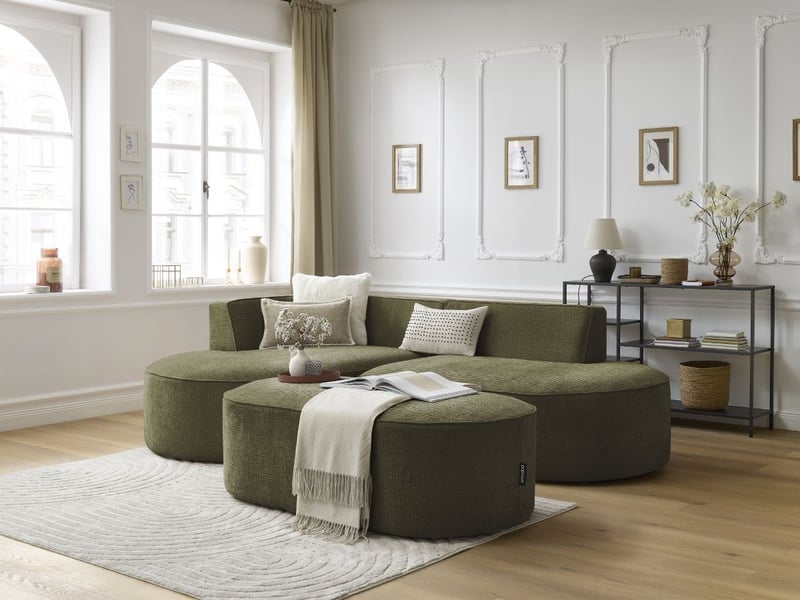  Bobochic canapé d'angle fixe rousseau tissu texturé avec pouf vert  angle gauche ROUSSEAU - Conforama B