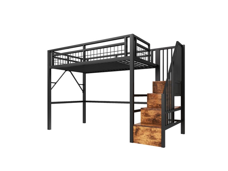 Lit mezzanine noir 90x200 cm en métal avec escalier rangement et led, sans matelas - Conforama E