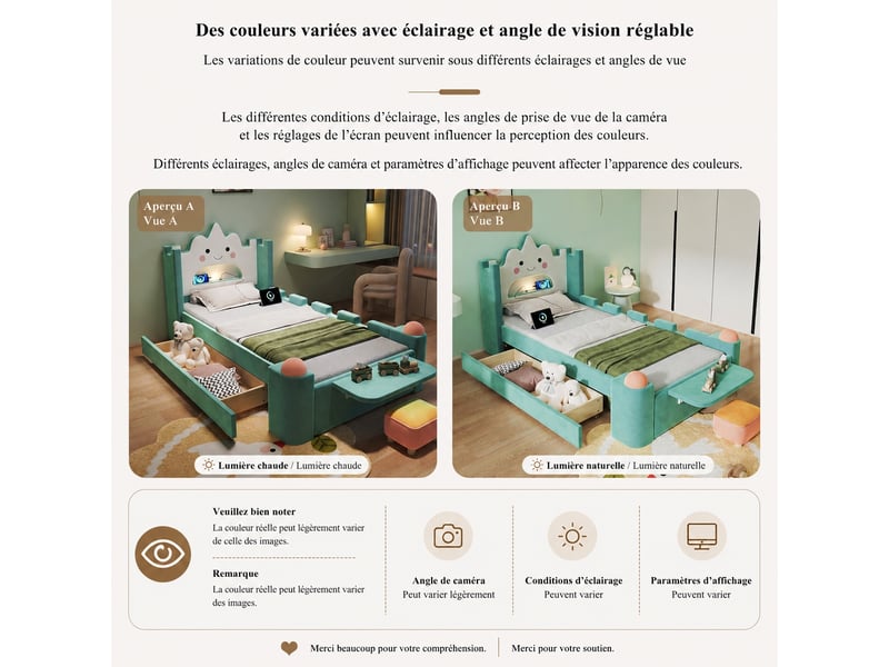  Lit enfant rembourré 90 x 200 cm avec tête de lit en forme de nuage, tiroir réversible et velours bleu-vert, sans matelas  - Conforama D