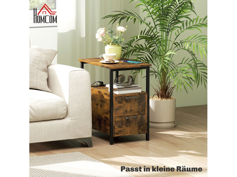  Table d'appoint 2 tiroirs, étagère ouverte et station de charge dissimulée pour chambre, marron 55 × 35 × 58,5 cm  - Conforama D
