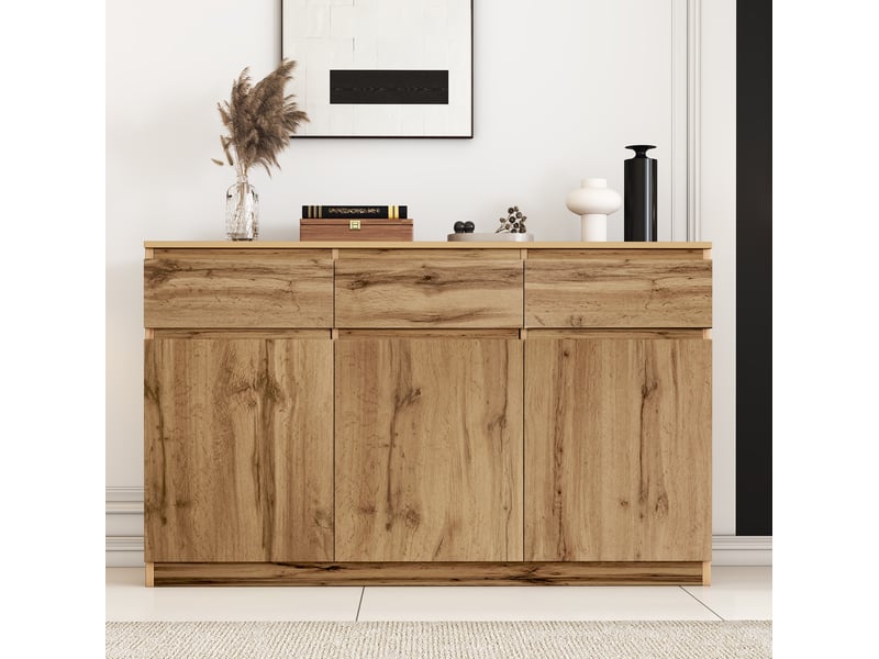  Buffet 3 portes et 3 tiroirs en bois naturel, avec rangements et étagères réglables, 135 x 40 x 81 cm  - Conforama B