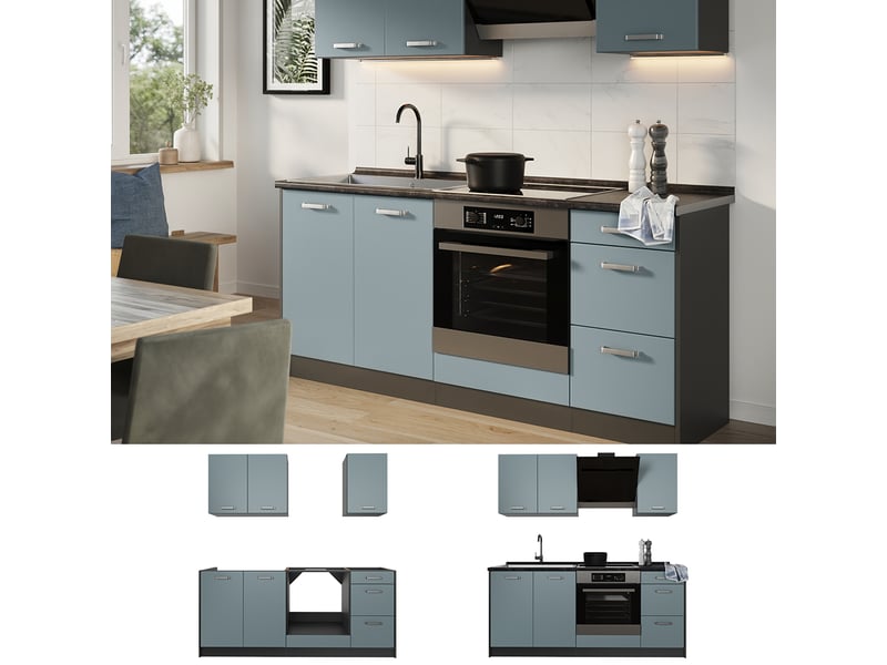 Vicco cuisine, bleu-grisanthracite, 180cm plan de travail anthracite - Conforama D