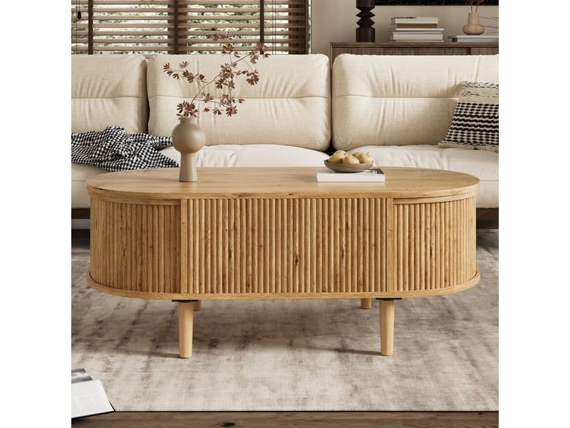  Table basse ovale avec rangement, plateau relevable, finition chêne naturel, 100 x 48 x 54,5 cm  - Conforama D