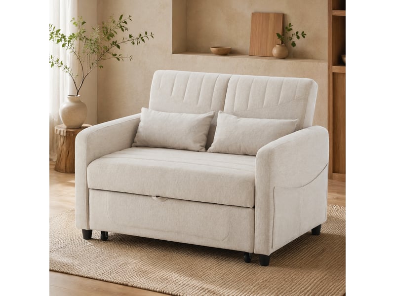  Canapé droit convertible 2 places beige en tissu, dossier réglable 3 positions, idéal pour petits espaces  - Conforama B