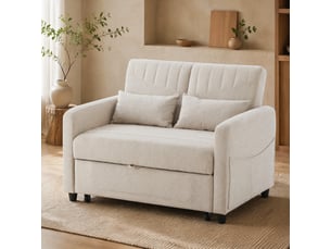 Canapé droit convertible 2 places beige en tissu, dossier réglable 3 positions, idéal pour petits espaces