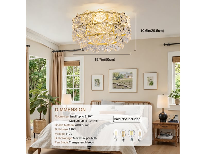  Ventilateur de plafond avec lustre cristal 48cm  - plafonnier ventilateur pour salon, led 6 vitesses, moteur dc - doré  - Conforama E
