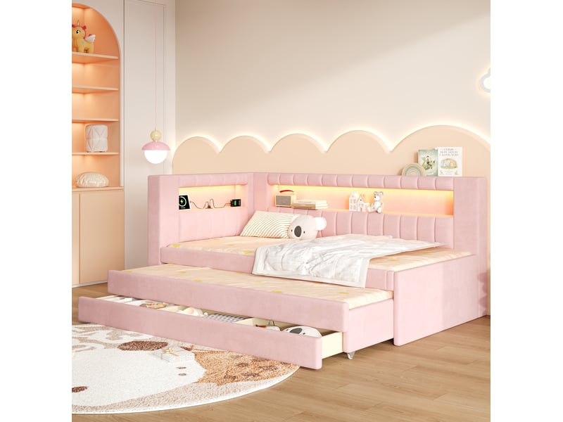  Lit banquette 90x200 cm rose avec lit gigogne, 3 tiroirs, led et usb  - Conforama D