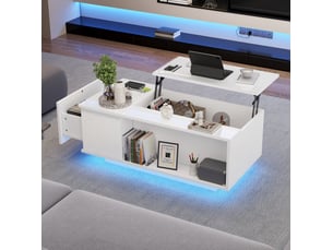Table basse relevable avec 1 tiroir, niche de rangement, led et plateau laqué pour salon, 100 × 50 × 40 cm