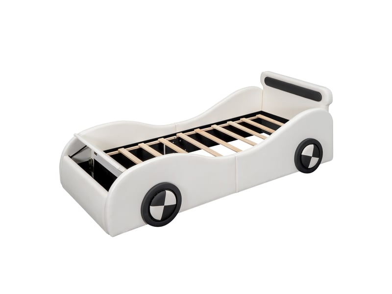  Lit enfant voiture 90 x 200 cm rembourré blanc avec roues lumineuses led, rangement au pied et sommier à lattes  - Conforama A