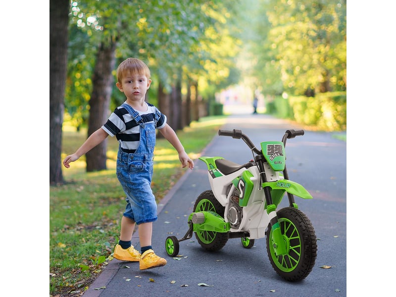 Moto électrique pour enfants, autonomie de 45 minutes, avec stabilisateurs, à partir de 3 ans, vert et blanc, 106,5 x 51,5 x 68 cm - Conforama C