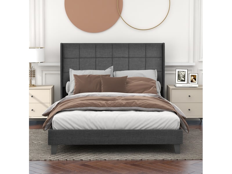  Lit double rembourré 140x200 cm gris avec sommier et matelas à ressorts h3  - Conforama D