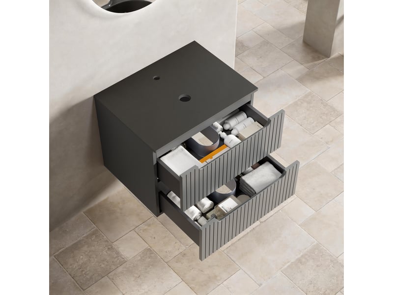  Meuble sous lavabo 60 cm sans vasque avec plan effet travertin - lpospi - panneau multiplis, noir et gris foncé  - Conforama B