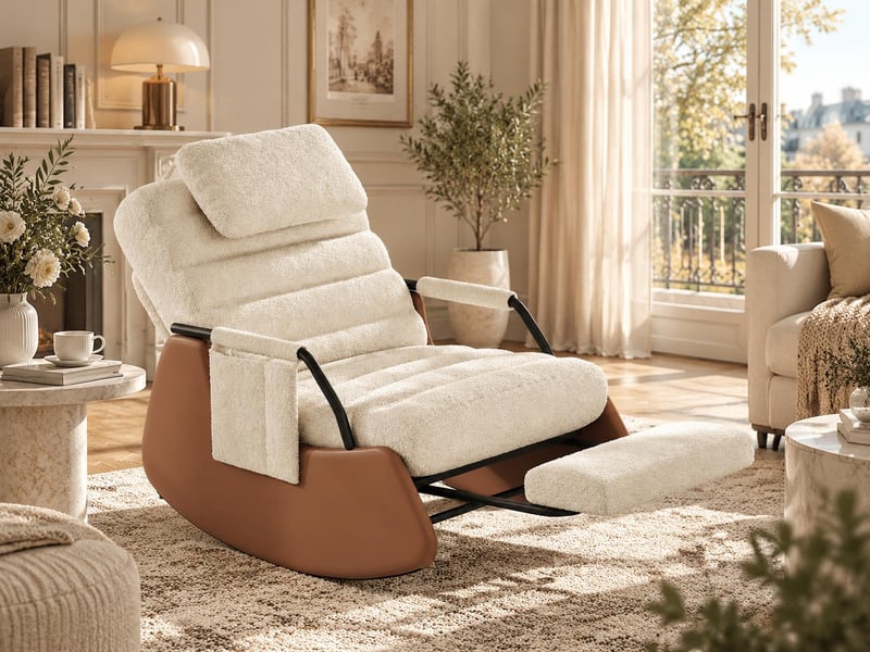  Fauteuil à bascule en laine d'agneau beige – avec repose-pieds – dossier réglable en trois positions – coussin d'assise épais – design ergonomique  - Conforama B