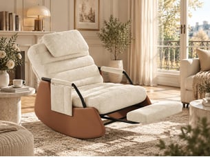 Fauteuil à bascule en laine d'agneau beige – avec repose-pieds – dossier réglable en trois positions – coussin d'assise épais – design ergonomique