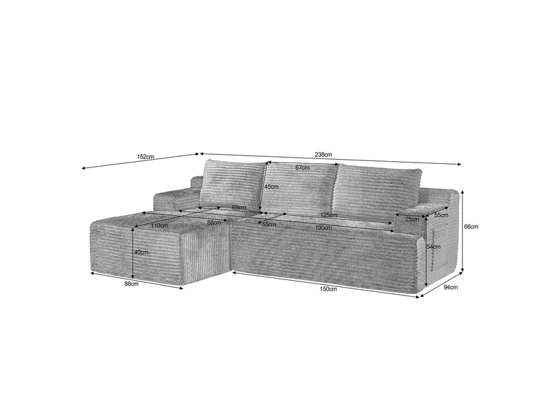 Canapé d’angle 4 places vert en velours côtelé, style nuage avec méridienne gauche, modulable et convertible - Conforama C