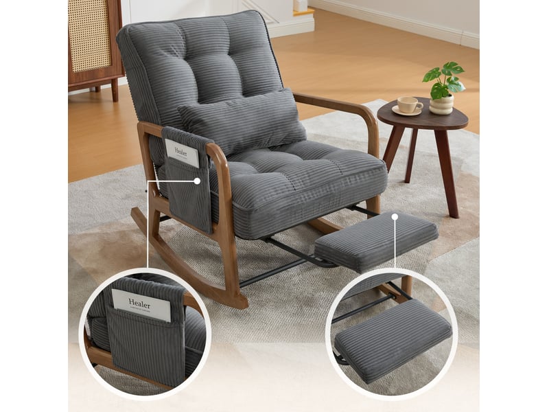  Fauteuil à bascule avec repose-pieds, dossier réglable et poche en velours côtelé gris, 70 × 80 × 92 cm  - Conforama E