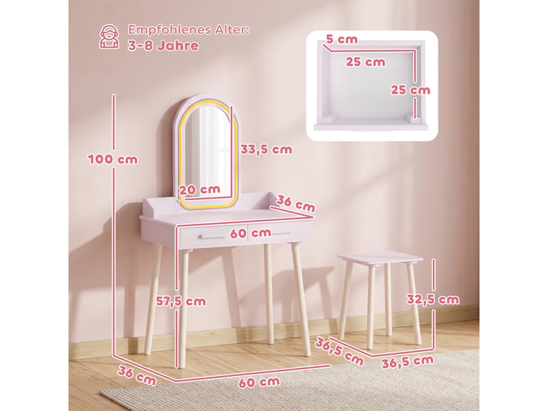 Coiffeuse enfant avec miroir led et 2 tiroirs en pin et mdf rose 60 x 36 x 100 cm  - Conforama C