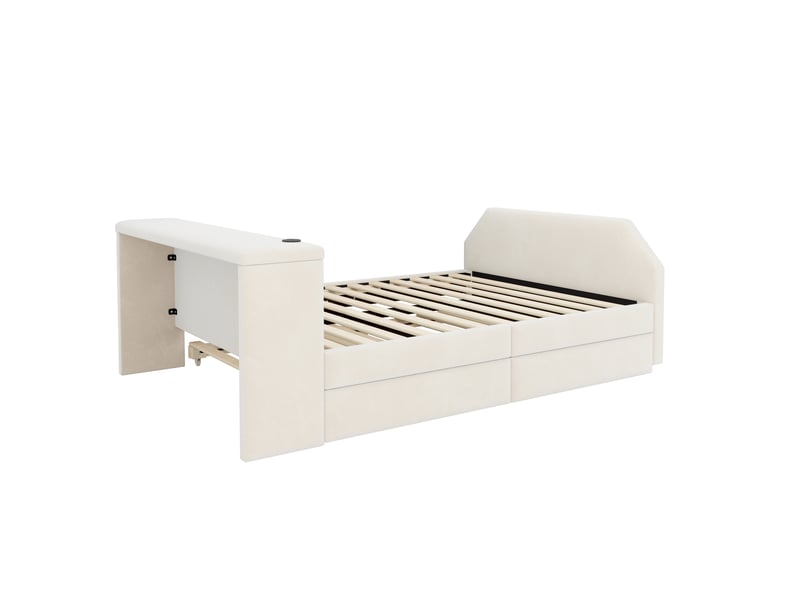 Lit enfant capitonné 140 x 200 cm avec bureau intégré, port de chargement usb et lit d'appoint gigogne ; cadre de lit en velours beige pour chambre d'enfant ou chambre d'amis - Conforama D