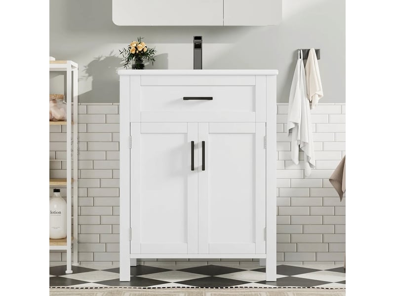 Meuble salle de bain sur pied meuble vasque 60 cm blanc moderne avec vasque en céramique intégrée - Conforama C