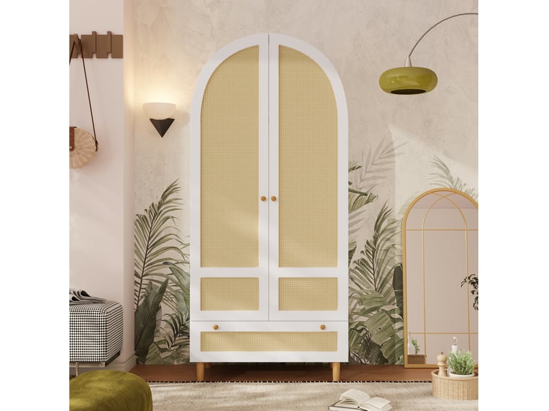  Armoire 2 portes 80 x 50 x 180 cm avec tringle, tiroir, mdf blanc et rotin  - Conforama D