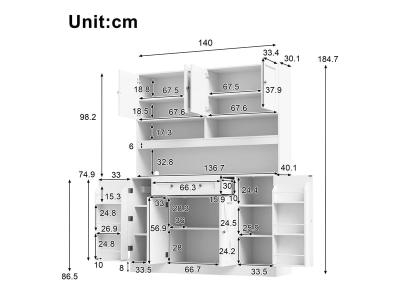 Buffet de cuisine 140 x 40 x 185 cm à tiroir plan de travail intégré prise électrique intégrée grand espace de rangement étagères réglables rangements de porte style campagne finition blanc crème - Conforama C