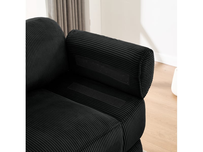 Canapé droit 2 places modulable avec 2 poufs en velours côtelé noir - Conforama E