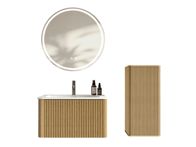  Meuble sous vasque suspendu avec lavabo, colonne et miroir led réglable antibuée pour salle de bain en mdf chêne  - Conforama A