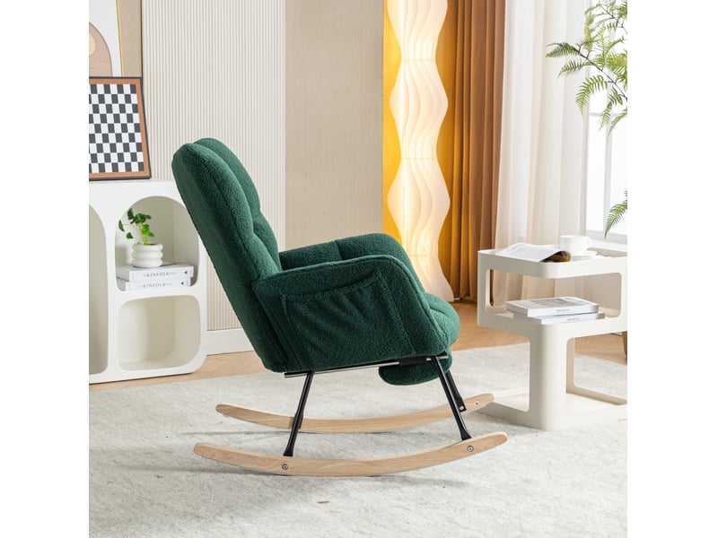  Fauteuil à bascule confortable, revêtement teddy, vert, relax, modèle à oreilles avec repose-pieds et porte de rangement  - Conforama D