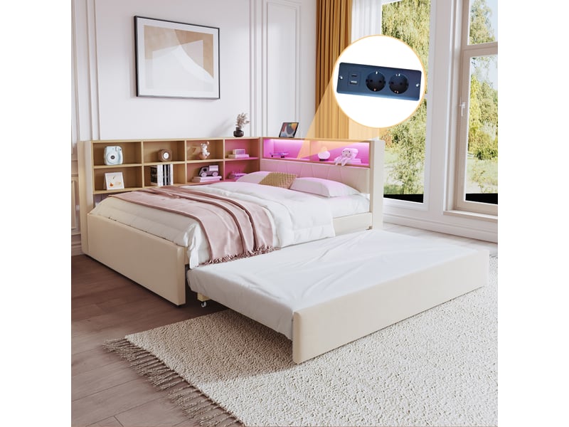  Lit banquette rembourré 140x200 cm avec lit gigogne 90x190 cm, rangements, led, usb, usb-c et prise électrique, sommier à 24 lattes, flanelle beige Radiant Stride - Conforama B