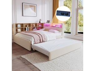 Lit banquette rembourré 140x200 cm avec lit gigogne 90x190 cm, rangements, led, usb, usb-c et prise électrique, sommier à 24 lattes, flanelle beige