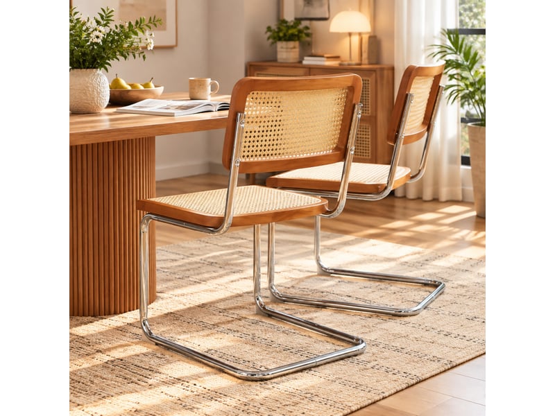  Lot de 2 chaises de salle à manger en similicuir, pieds chromés, style mid-century, assises rembourrées salon cuisine  - Conforama D